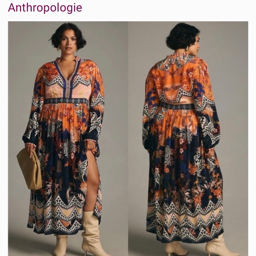 Anthropologie Orange & Navy Floral Maxi Dress